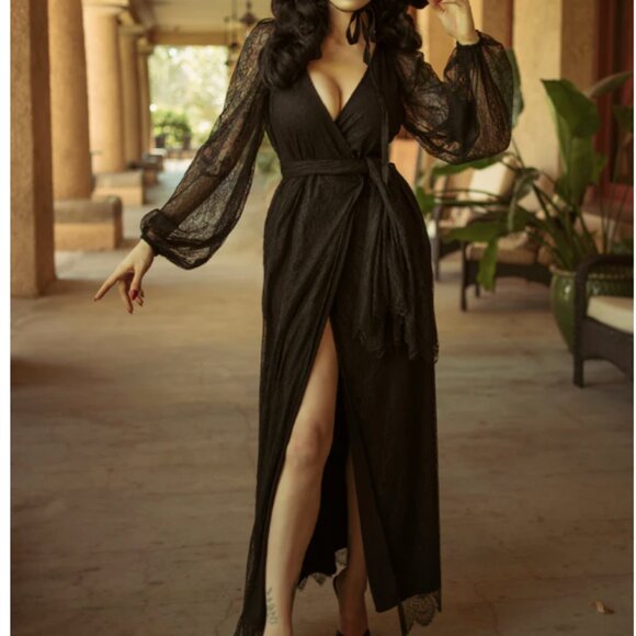 La Femme En Noir Dresses & Skirts - La Femme en Noir Black Widow Wrap Gown in Black Lace size XL by Micheline Pitt